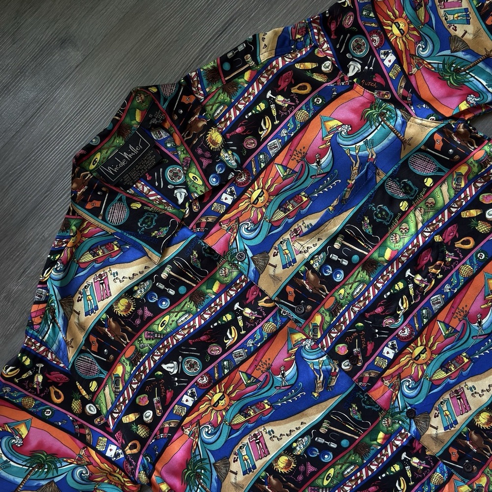 Vintage Nicole Miller Beach Equestrian Silk Shirt Size S Colorful Resort Polo